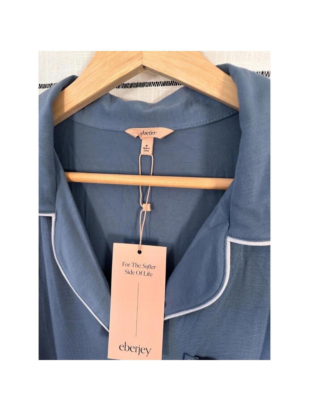 Eberjey Modal Pajama Top Size M Blue Piped Button Front Quiet Luxury - Picture 2 of 4